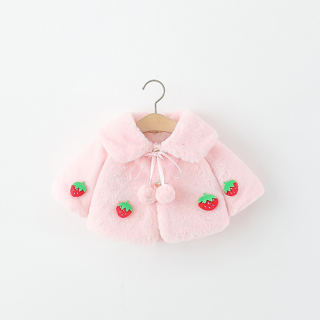 Criança Bebê Menina Rosa Pele Sintética Capa Casaco Morango Apliques Arco pom-Quente Inverno Curto Xale Outerwear