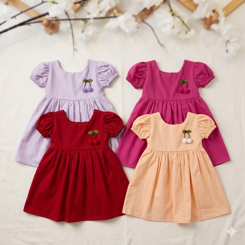 Vestido dinfantil Bebê Menina Manga Bufante Laço nas Costas Blogueirinha Tecido Algodão Festa Casual Cerejinha Pom Pom