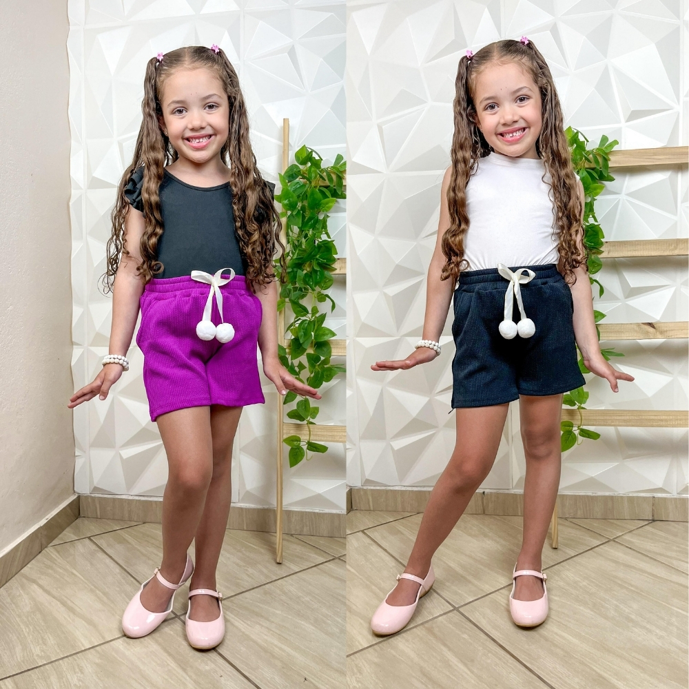 Kit 2 pç Short Infantil Menina Anarruga Pom-pom