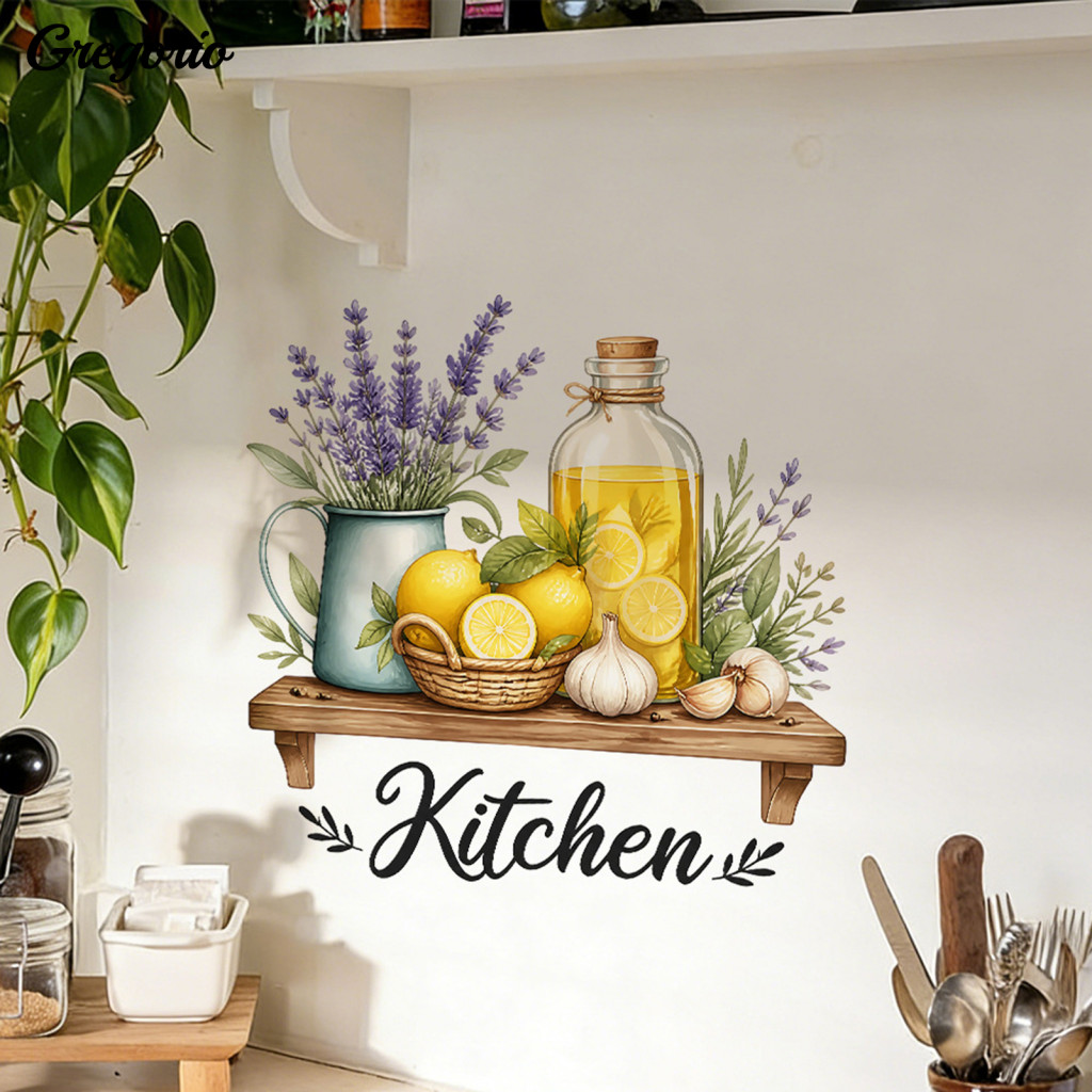 Kitchen Wall Decals Waterproof Backsplash Green Plant Teapot Stickers – Self-adhesive Watercolor Stove for Home Dining