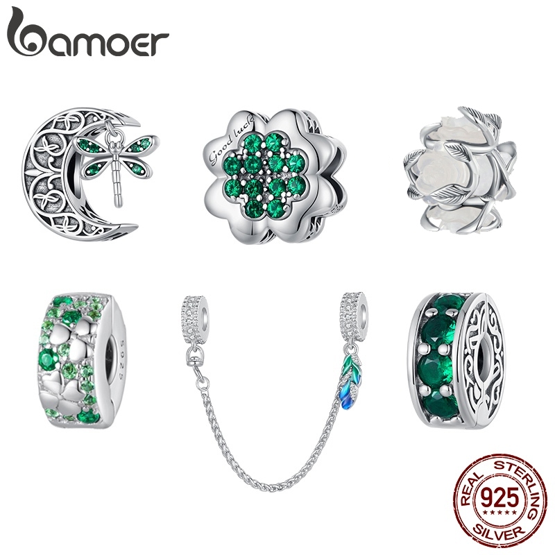 BAMOER 925 Sterling Silver Green Plant DIY Beads Safty Chain Pendant Fashion Jewellery Presentes De Aniversário Para Mulheres