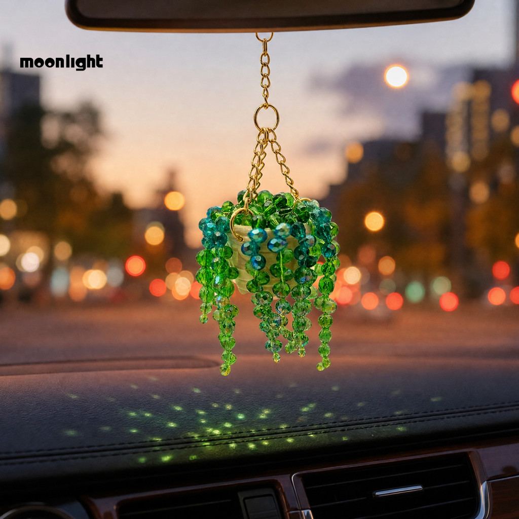 Beaded Plant Car Hanging Ornament – Green Crystal Rearview Mirror Charm Boho Style Interior Decor Artificial Pendant f
