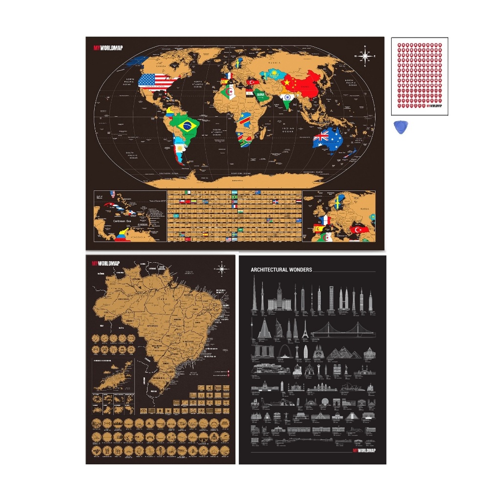 Kit Completo Mapa Raspar Viagens - Mapa Brasil, Mapa Mundi Flags. Maravilhas e Adesivo Pins - Atualizado 2027