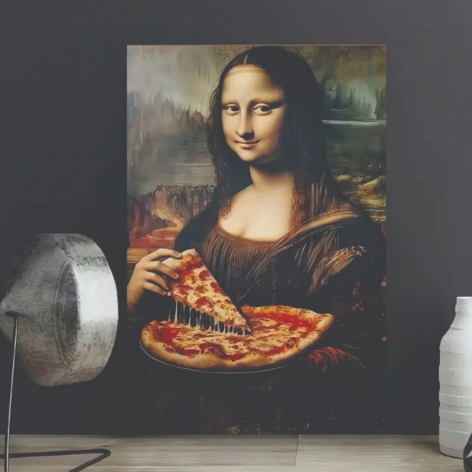 Quadro Decorativo Monalisa Pizza Sala Quarto Cozinha Escritório Hall engraçada arte 4k Pop Art Geek