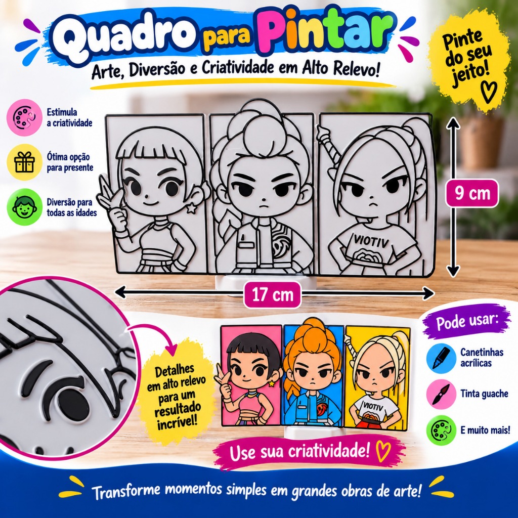Quadro KPop Demon Hunters HUNTRIX 3D em Alto Relevo para Pintar | Decoração Geek K-Pop