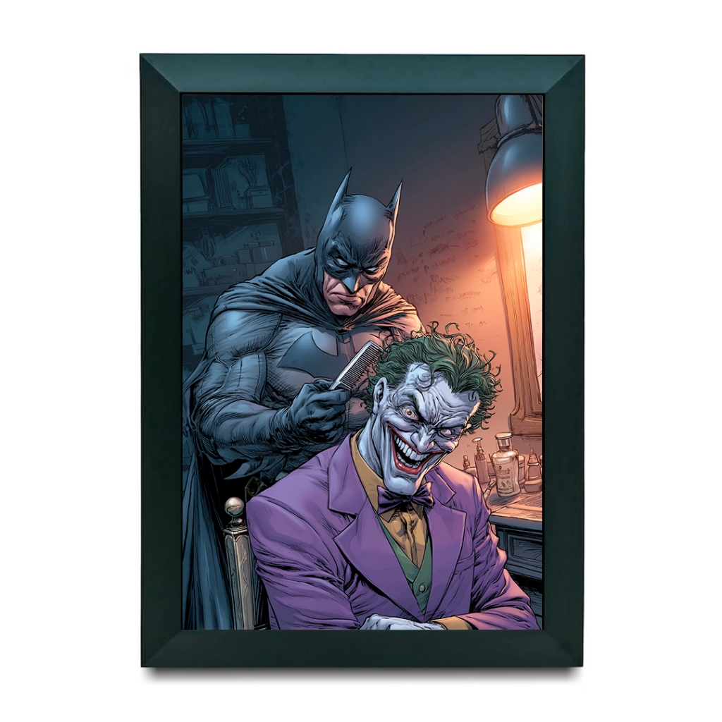 Quadro Decorativo Coringa e Batman Barbearia Estilo Retrô Geek Pop Arte Barbershop Decoração