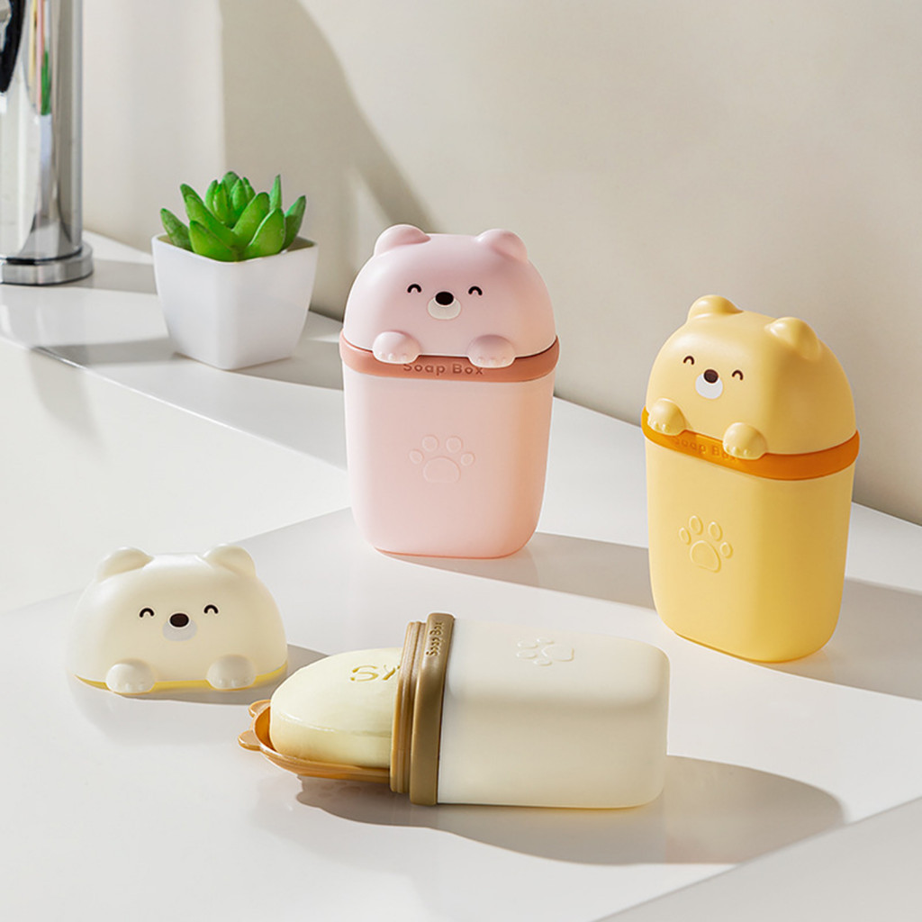 Portable Cute Bear Soap Box with Lid Plastic Holder Drainage Travel-friendly Waterproof Case for Home and Outdoor Use in