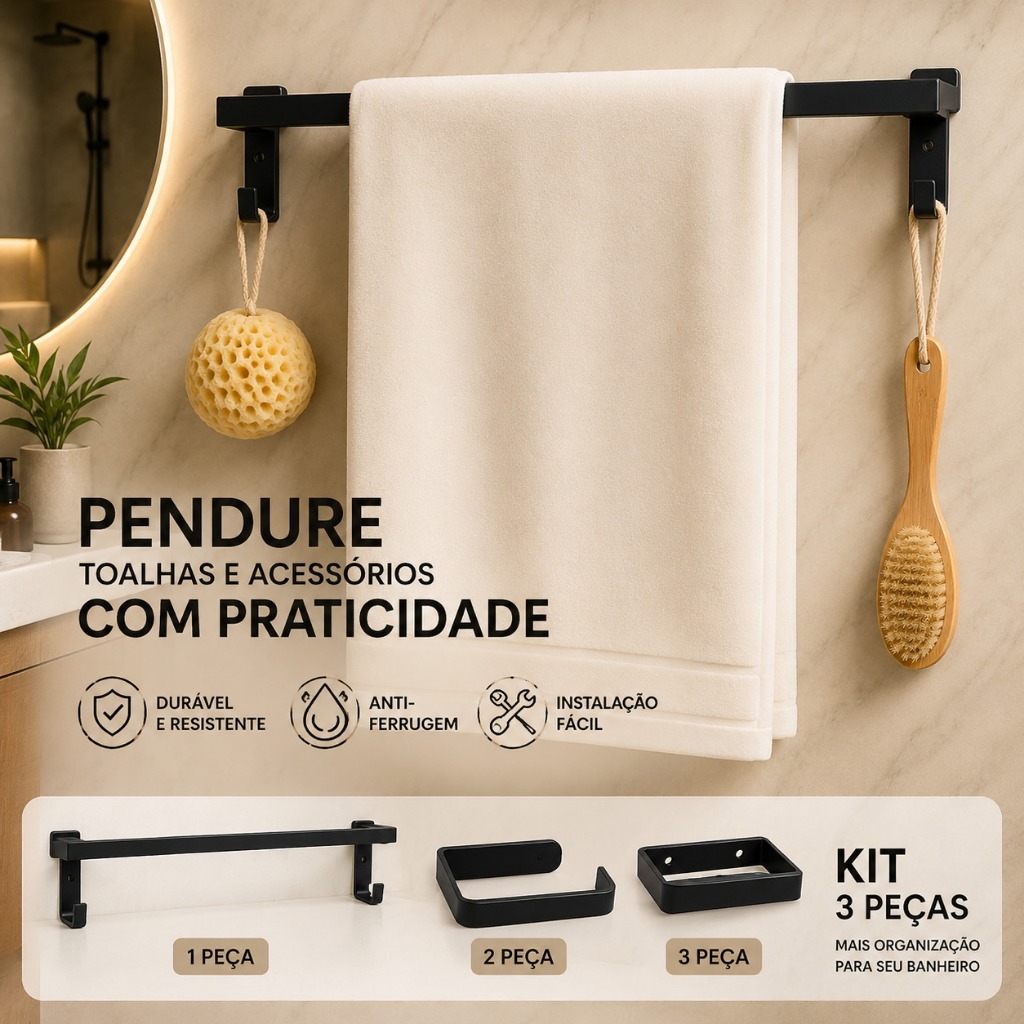 Suporte Porta Toalha 50cm em Aço Preto Fosco com Ganchos – Durável, Antiferrugem e Instalação Fácil