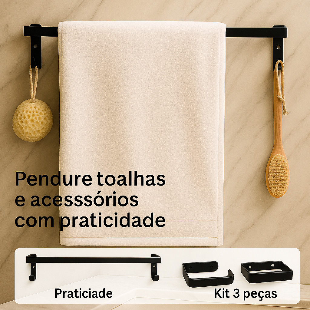 Suporte Porta Toalha 50cm em Aço Preto Fosco com Ganchos – Durável, Antiferrugem e Instalação Fácil