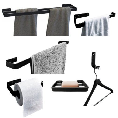 Kit Porta Toalha Banheiro 7 Peças Preto Fosco Aço Anti-Ferrugem Luxo Durável Elegância