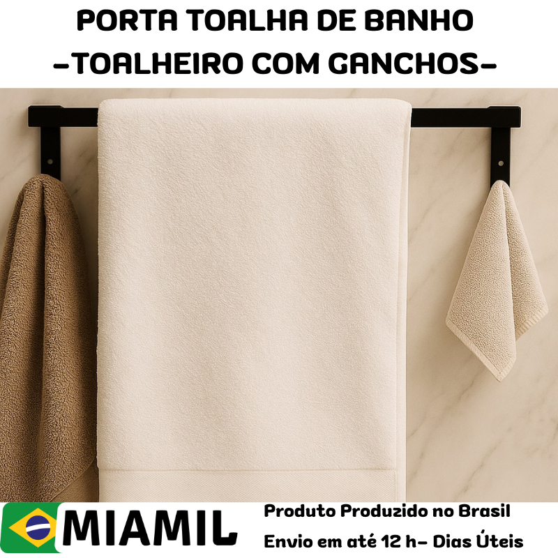 Suporte Porta Toalha de Banho com Ganchos Organização para Banheiro ToalheiroTriplo Duravel Miamil