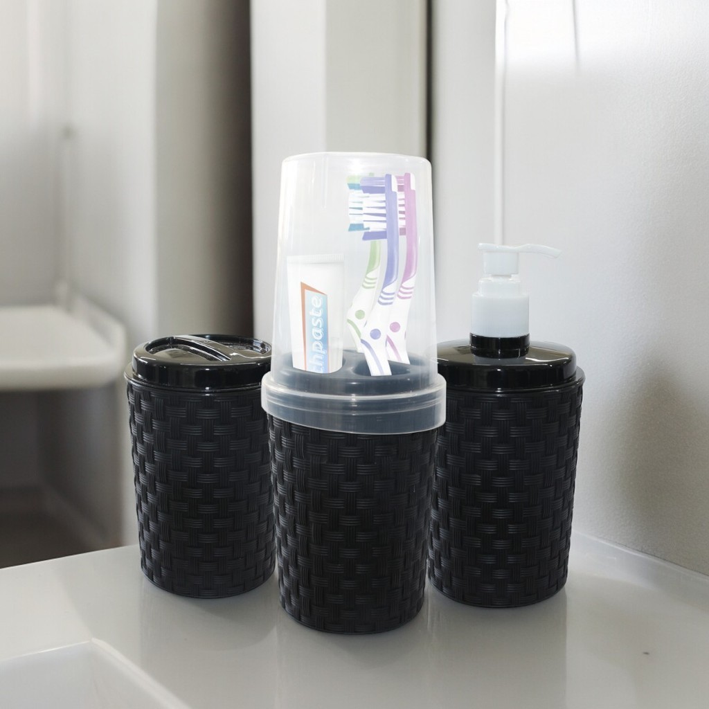 Kit 3 Peças Banheiro  Porta Sabonete Líquido Porta Escova Copo Resistente Lavabo Plástico Durável