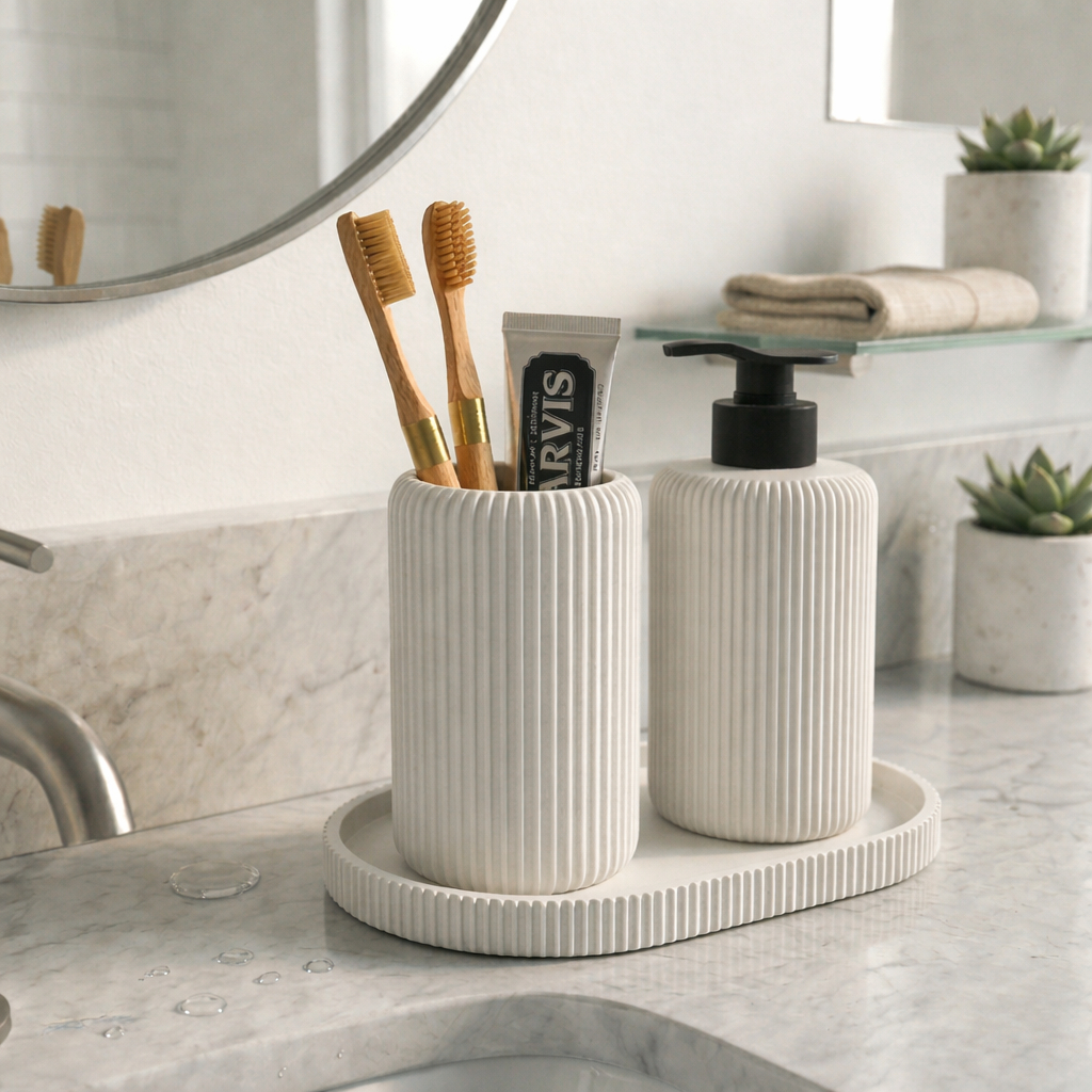 Kit Banheiro Luxo Dispenser Porta Escova Bandeja Organizador Moderno Canelado Fosco Durável Minimalista Preto Branco