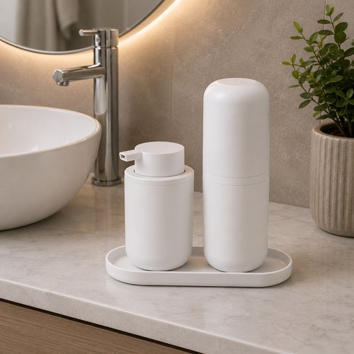 Kit Banheiro Organizador Porta Escova Dental Saboneteira Liquido Bandeja Branco Compacto Pratico Duravel