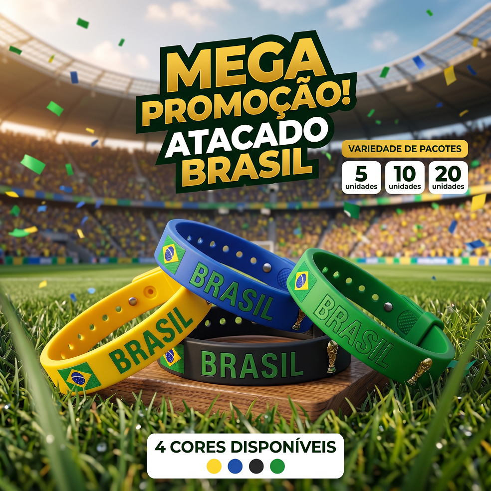 Kit Pulseira Brasil Silicone 5 10 20 Unidades Ajustável Torcedor Futebol Promoção