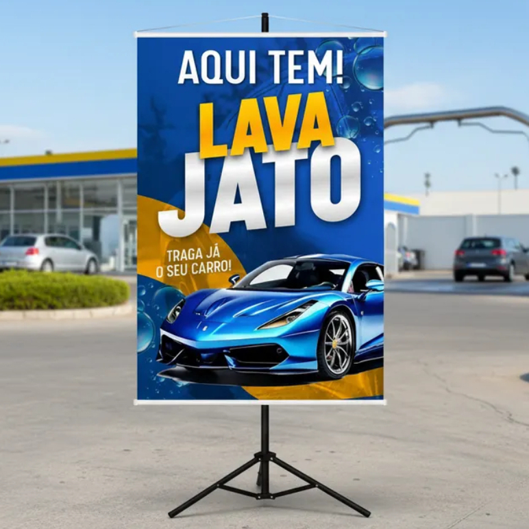 Banner Lona Aqui Tem Lava Jato Estética Automotiva Lavagem Ducha Carro Veículos Polimento 100x70