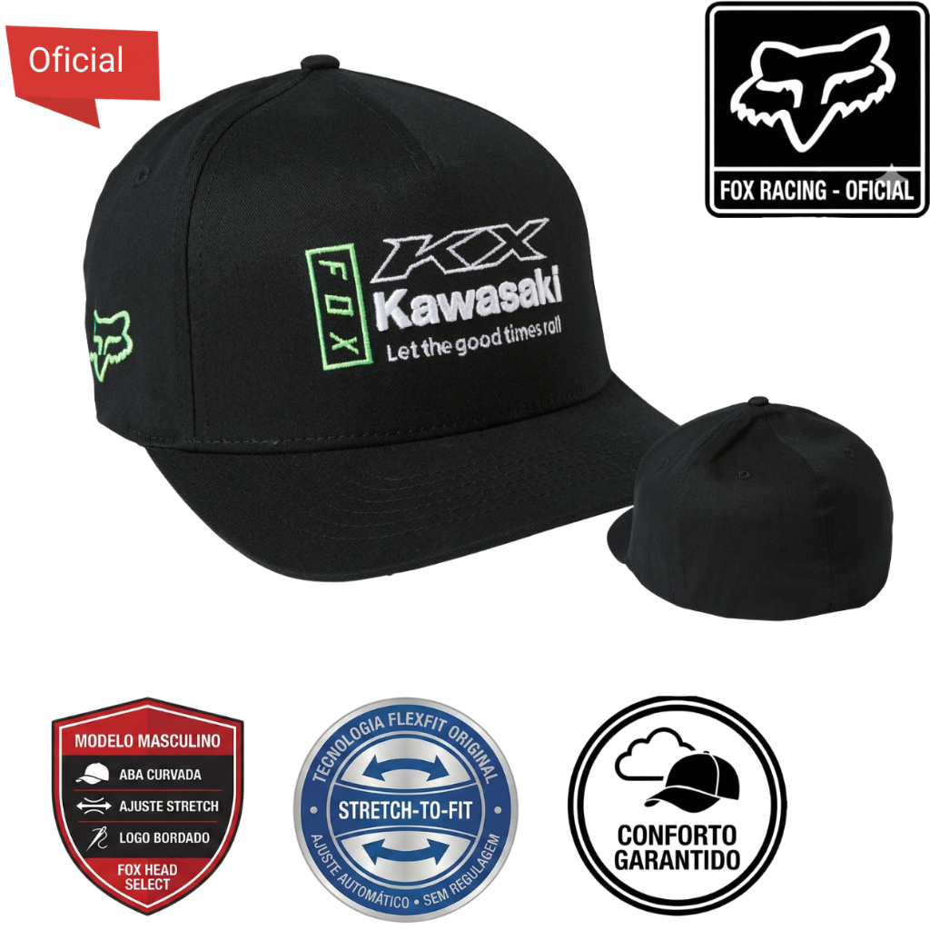 Boné Original Fox Racing Equipe Oficial Kawasaki Flexfit Conforto Modelo Fechado Licenciado