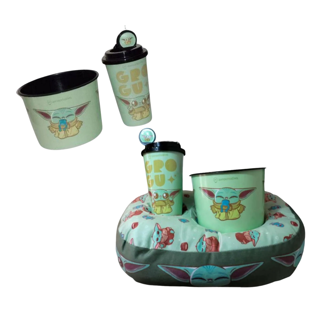 Kit sessão cinema conforto Baby Yoda Cinema Filme Almofada + Balde Pipoca Copo Canudo Oficial