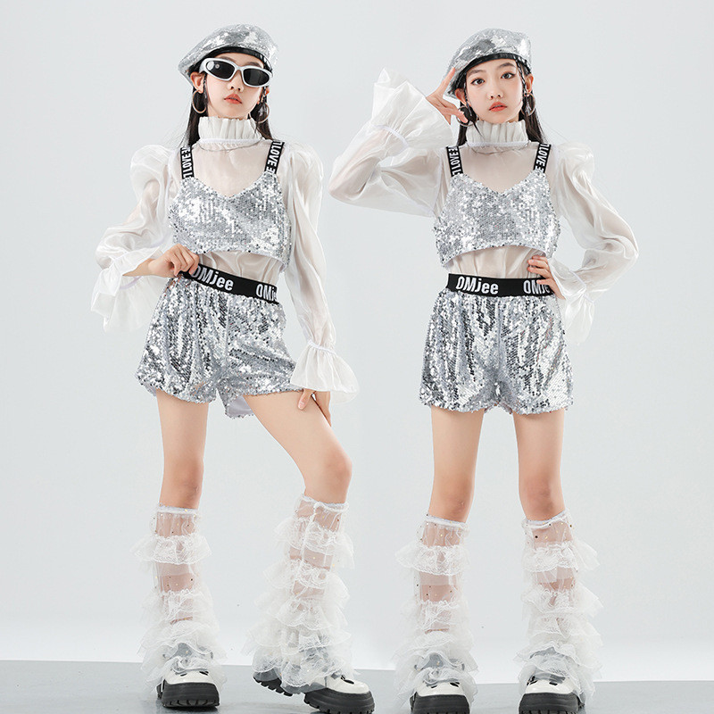 Novo estilo modelo infantil T-Taiwan Passarela Silver Dance Costume Tecnologia Cool Costume kpop Girls Jazz Dance Costum