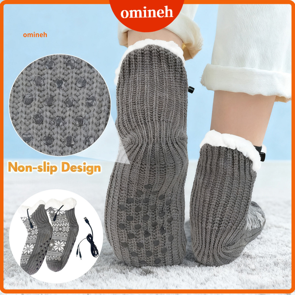 Electric Socks 1 Pair Usb Unisex Winter Thermal Foot Warmers Soft Fleece Lined Non-slip Knitted House Slippers for Men a