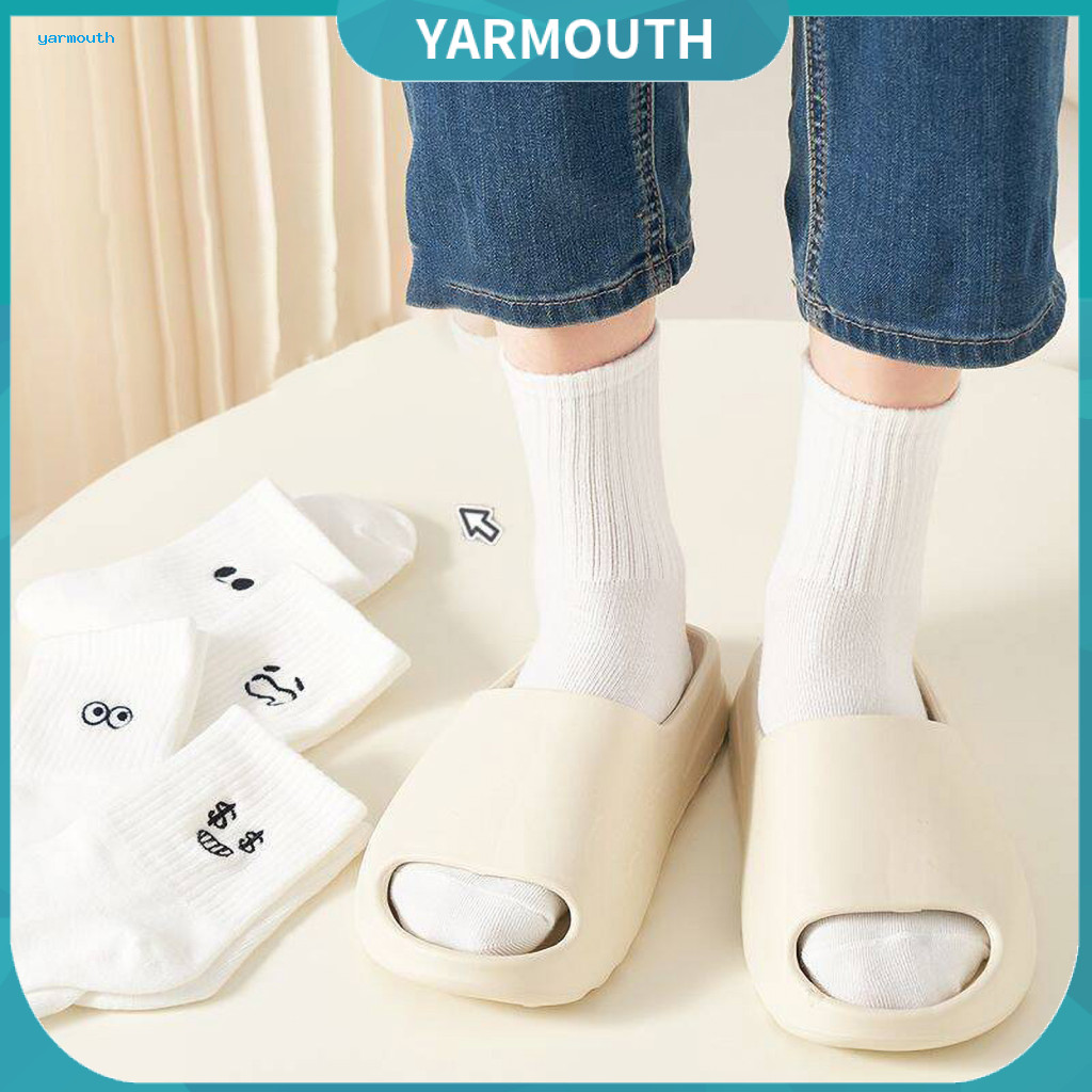 White Countenance Socks Mid-calf 5 Pairs Unisex Winter Cartoon Embroidery High Elastic Anti-slip Floor Warm Cozy Sleepin