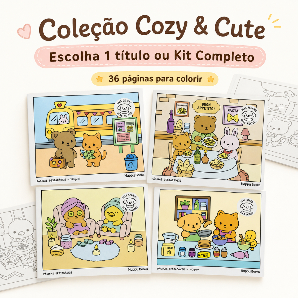 Livro de Colorir Cozy & Cute Happy Books Unidade ou Kit 4 Livros Relaxante