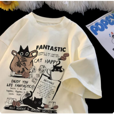 Camiseta Cat Happy, Gato na sacola Vintage com Gola Solta Verão Cute Cartoon