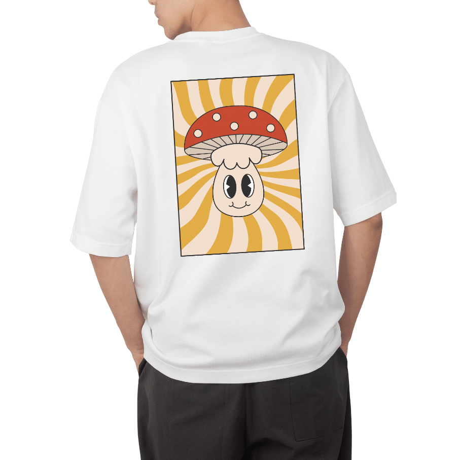 Camiseta Cogumelo Fofinho Feliz Oversized Long Line Manga Curta Anime Casual Cute