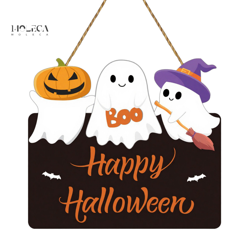 Halloween Party Backdrop Door Decor Ghost Sign Cute Wooden Wreath Rustic Happy Welcome Farmhouse Style Indoor for Southe