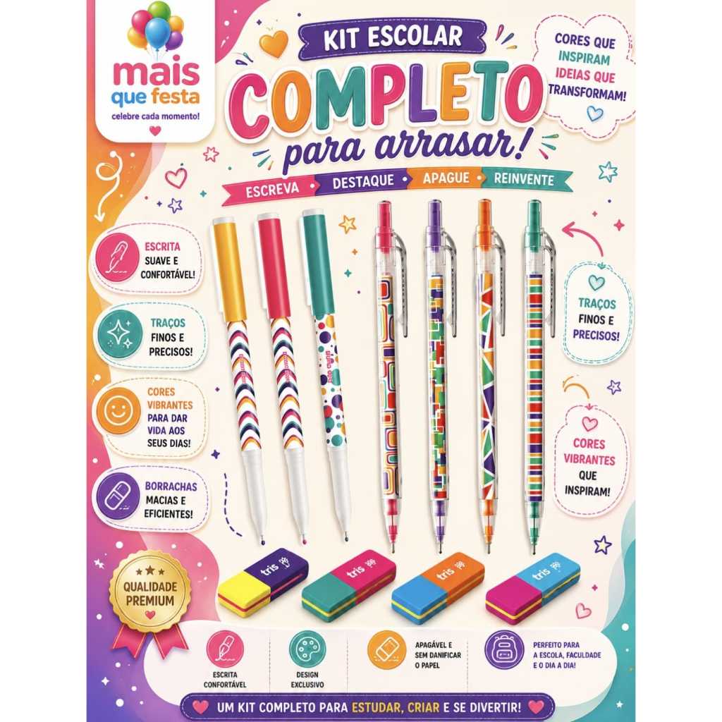 Kit Papelaria Kawaii Caneta Lapiseira 0.7mm e Borracha Tris Happy Escolar Cute