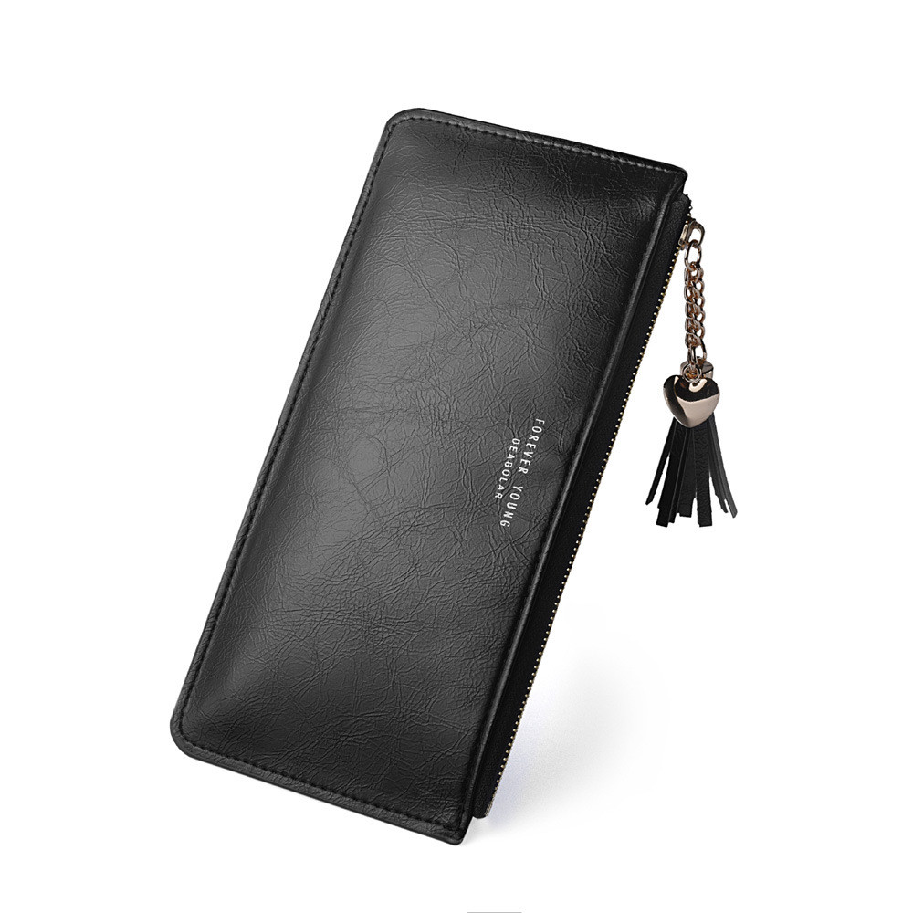 Textura multifuncional retangular estilo moda senhoras preto Kelly saco zíper carteira longa borla pingente saco