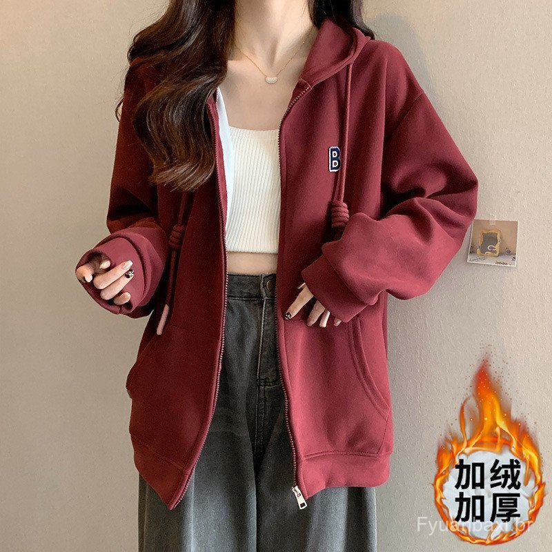 Vinho tinto oversize jaqueta velo moletom feminino 2024 primavera verão outono inverno pequeno moletom com capuz com zíp