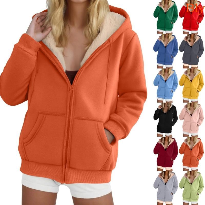 Bly Thick Fleece Interior Feminino Zip Up Moletom Capuz Frio Camada Externa Essencial