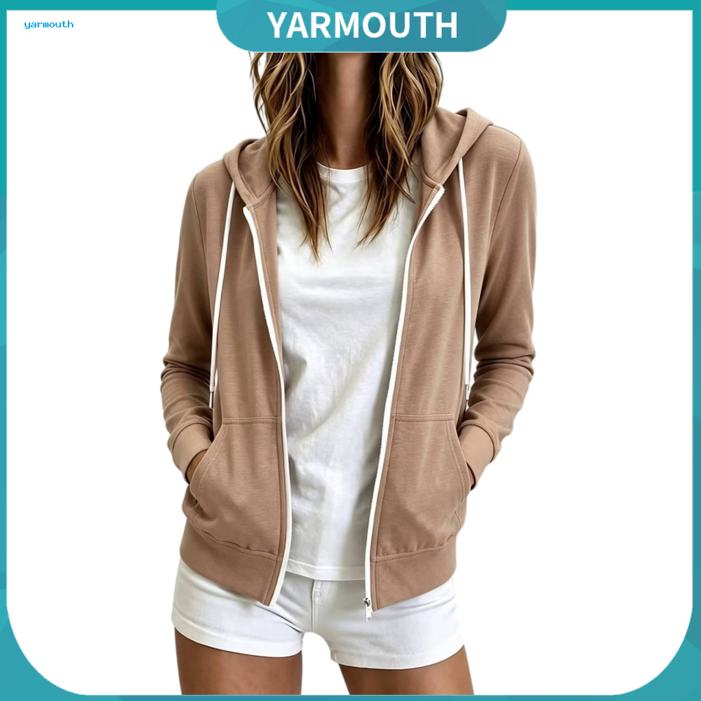 Cotton Blend Sweatshirt Long Sleeve Outerwear Women’s Zip-up Hoodie for Fall with Pockets Solid Color Drawstring Hoode