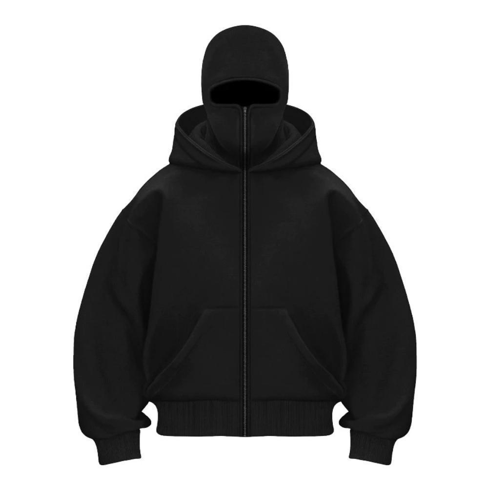 Jaqueta Com Capuz Moonstone Zip , Estilo Boxy , Preta , Balaclava Ninja