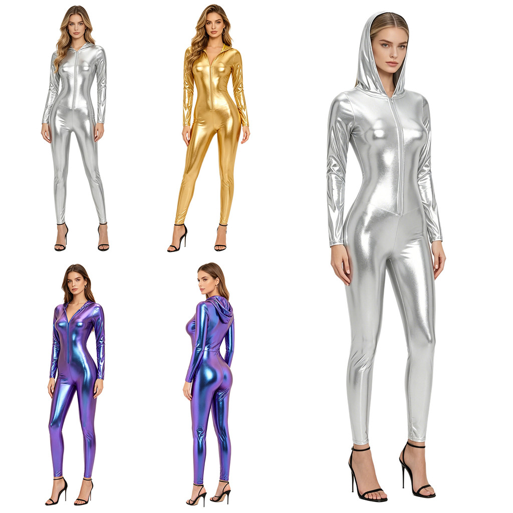 inhzoy Feminino Metálico Brilhante Com Capuz Macacão Manga Longa Frente Zip-up Leggings Collants Catsuit Hoodie Bodysuit