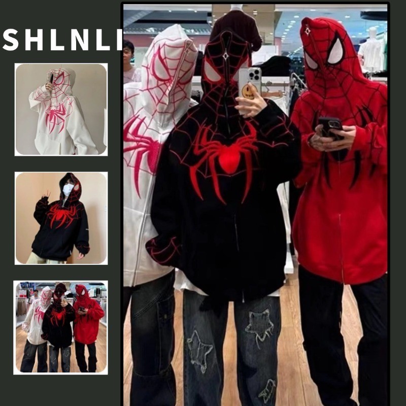 Primavera Outono Rua Retro Y2K Aranha-Impressão Zip-up Moletom Baggy Na Moda Com Capuz Forro Duplo Hoodies