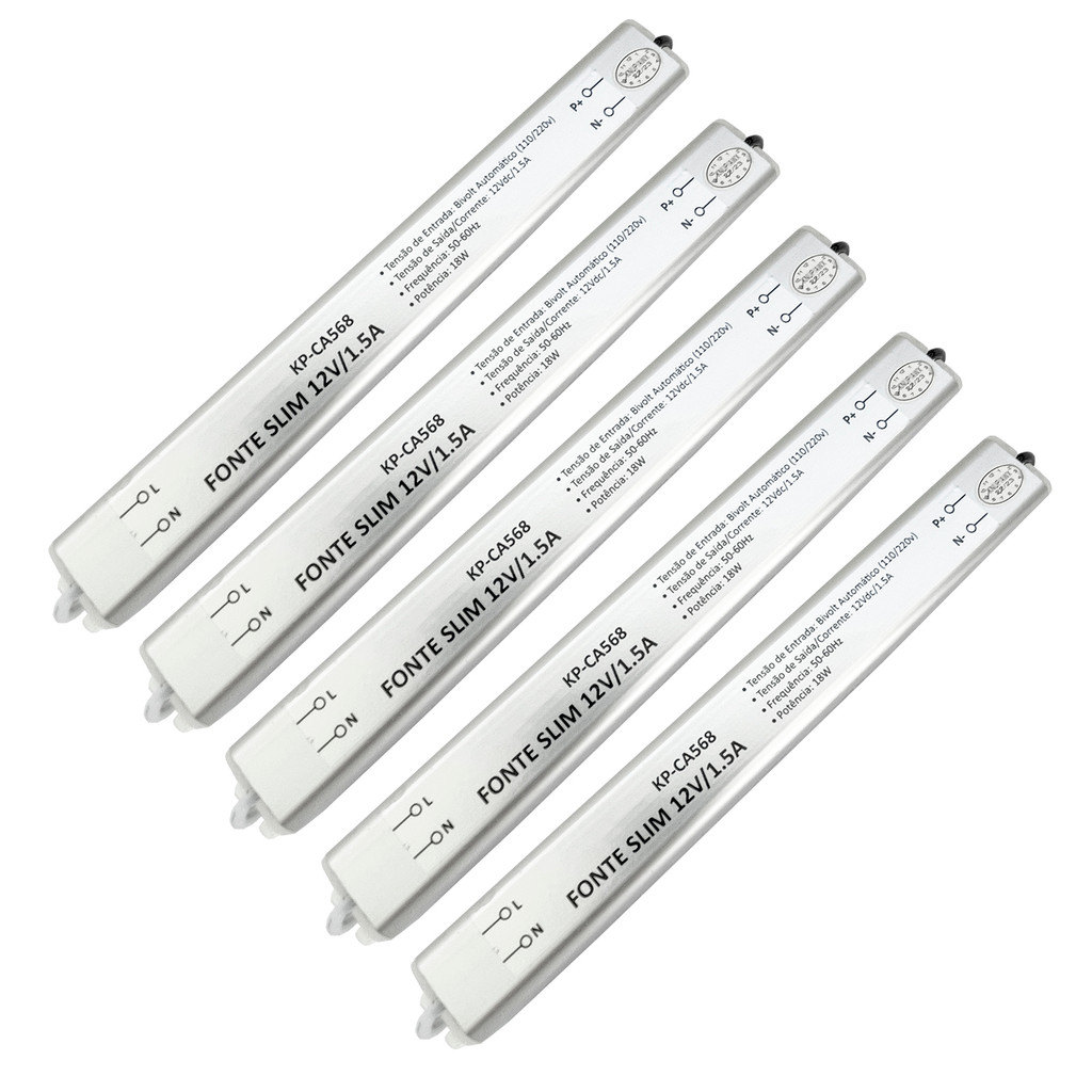 Kit 5 Fonte Slim 12V 1.5A Driver para Perfil Fita Led 18W