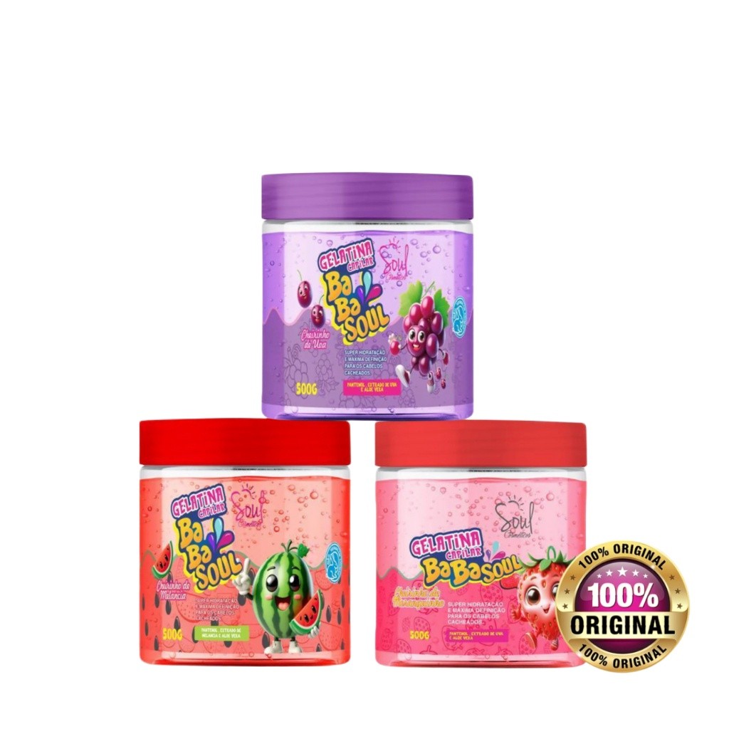 Gelatina Capilar Define Sem Resseca Babasoul Cabelo Cacheado Melancia Morango e Uva 500g