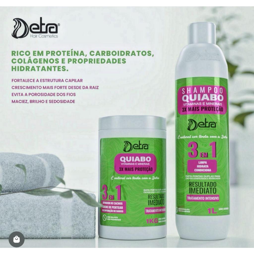 Creme de Pentear Ativador de Cachos Quiabo 3x1 1 Litro Detra Reparação de Danos Cabelo Cacheado