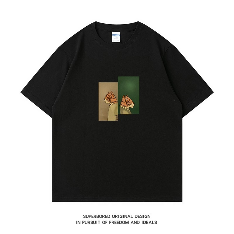[Two Tigers] Nicho Design Sense American Street Wear Retro Verão Camiseta de manga curta Puro Algodão Solto Gola Redonda