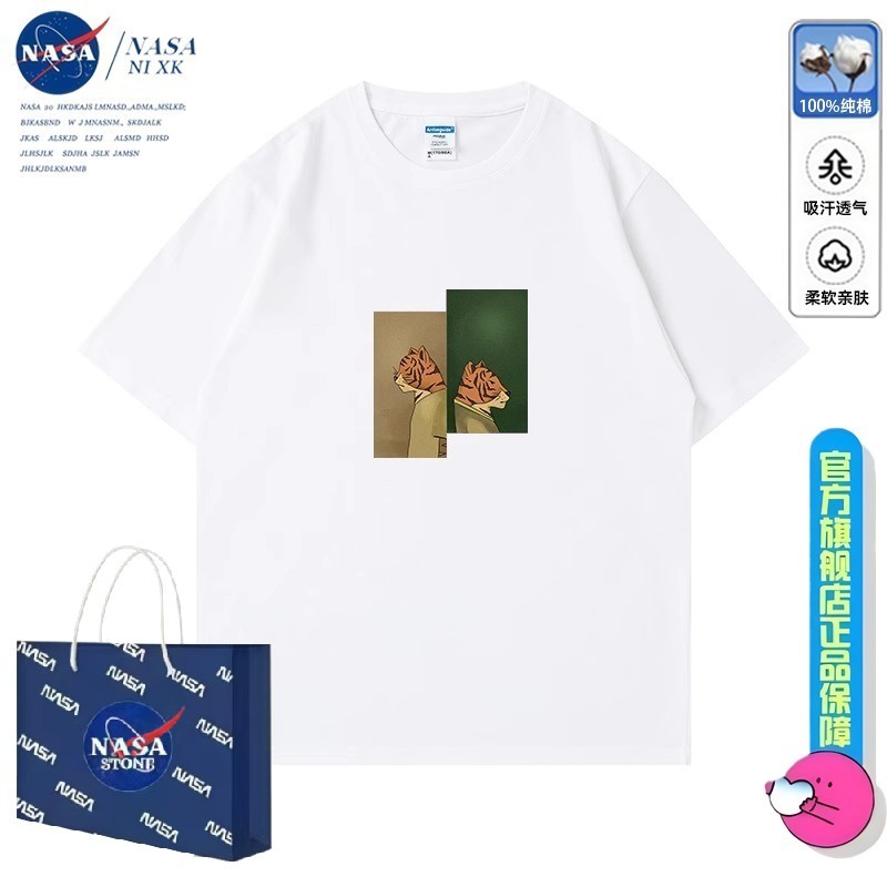 NASA Two Tigers Nicho Design Sense American Street Wear Retro Verão Camiseta de manga curta Puro Algodão Solto Gola Redo