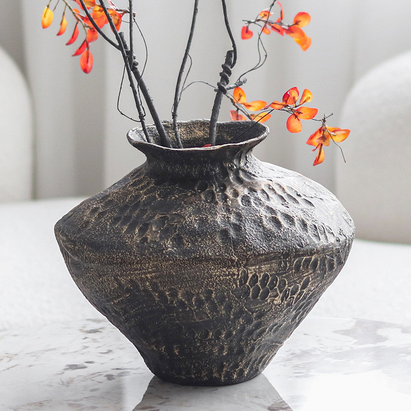 Wabi-sabi style vintage large-capacity distressed flower vase ornament for model homes, hotels, and guesthouses, dry flo