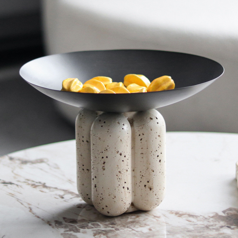 Vintage Artistic Faux Travertine High-Stand Fruit Plate Ornament, European Designer Style Round Snack and Dried Fruit Di