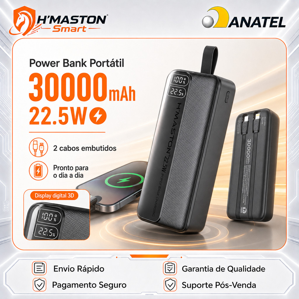 Power Bank H'MASTON 30000mAh 22.5W Carga Rápida com Cabos Embutidos USB-C e Lightning Display Digital YD34 2.0