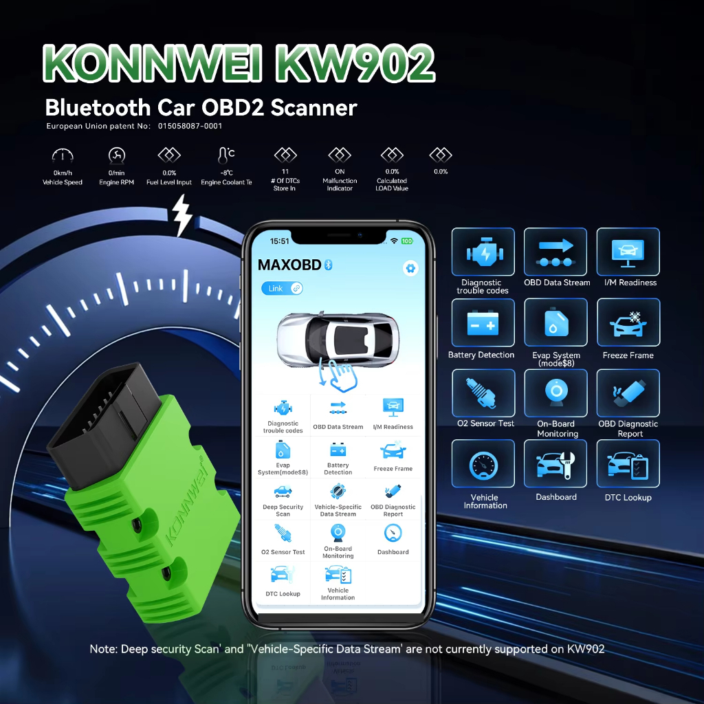 2026 KONNWEI KW902 Elm327 V1.5 OBD2 Bluetooth Scanner De Diagnóstico De Carro Mini Leitor De Código OBD Para Android/IOS