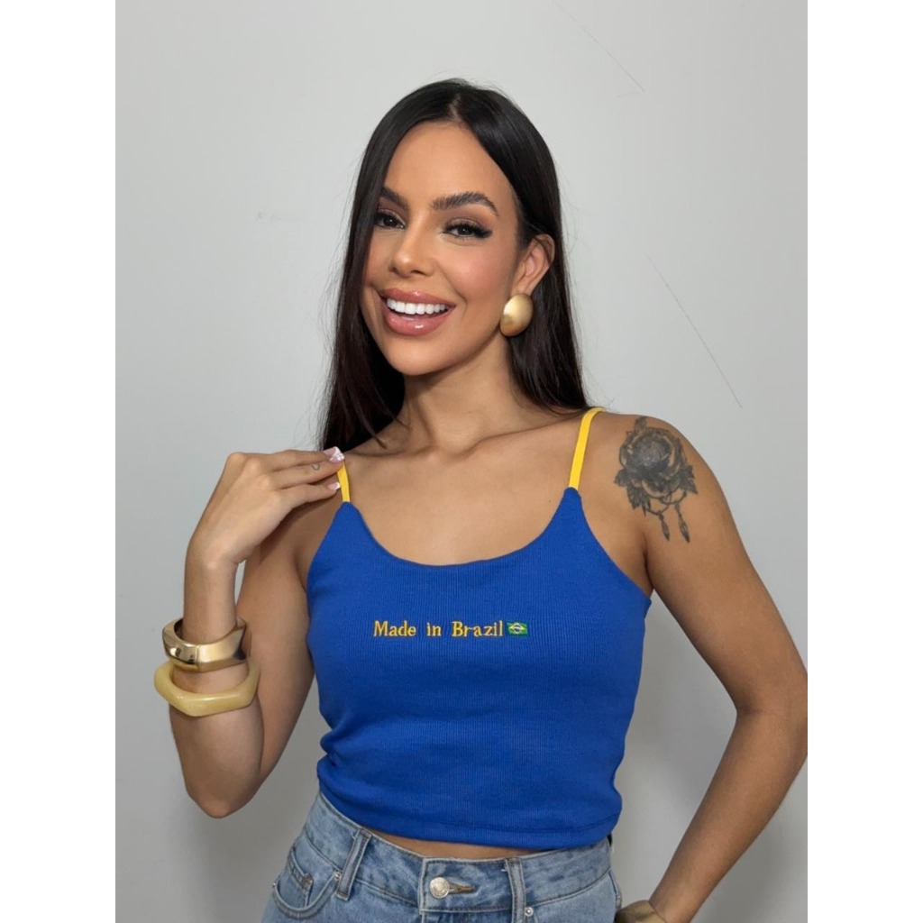 Cropped Alcinha Brasil Core Feminino, Ribana, Tamanho Único. Moda Gringa, Copa.