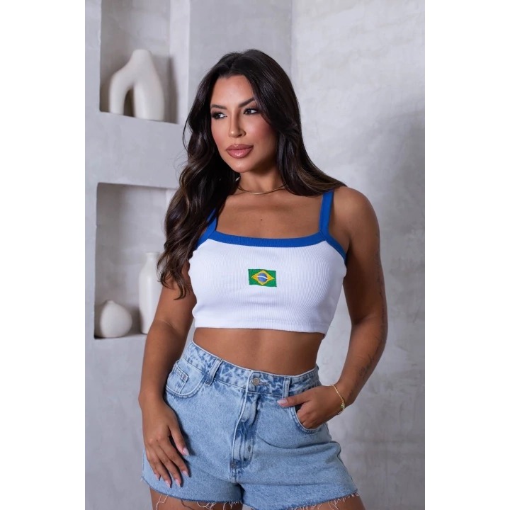 Cropped Brasil Feminino De Alçinha Ribana, Tamanho Único 36-42. Moda Copa 2026, Brasil Core.