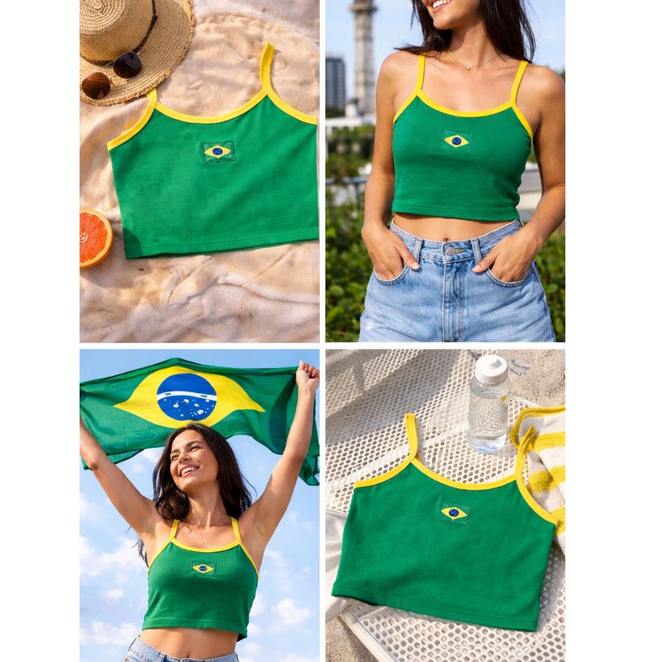 Cropped Alcinha Brasil Core Feminino, Ribana, Tamanho Único. Moda Gringa, Copa. P M GGG
