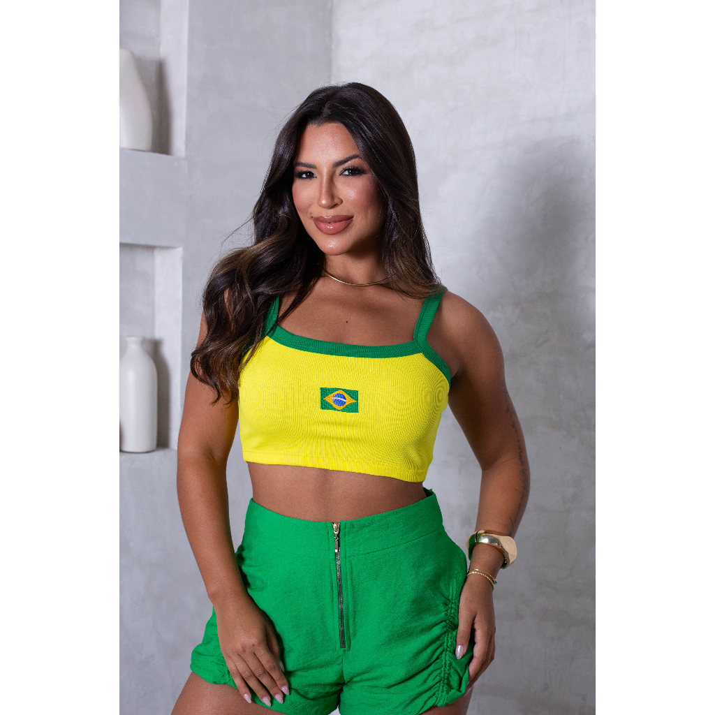Cropped Fita Brasil Top Alcinha Copa do Mundo Seleção Brasileira Brazil Core Aesthetic Jogos Carnaval Bandeira